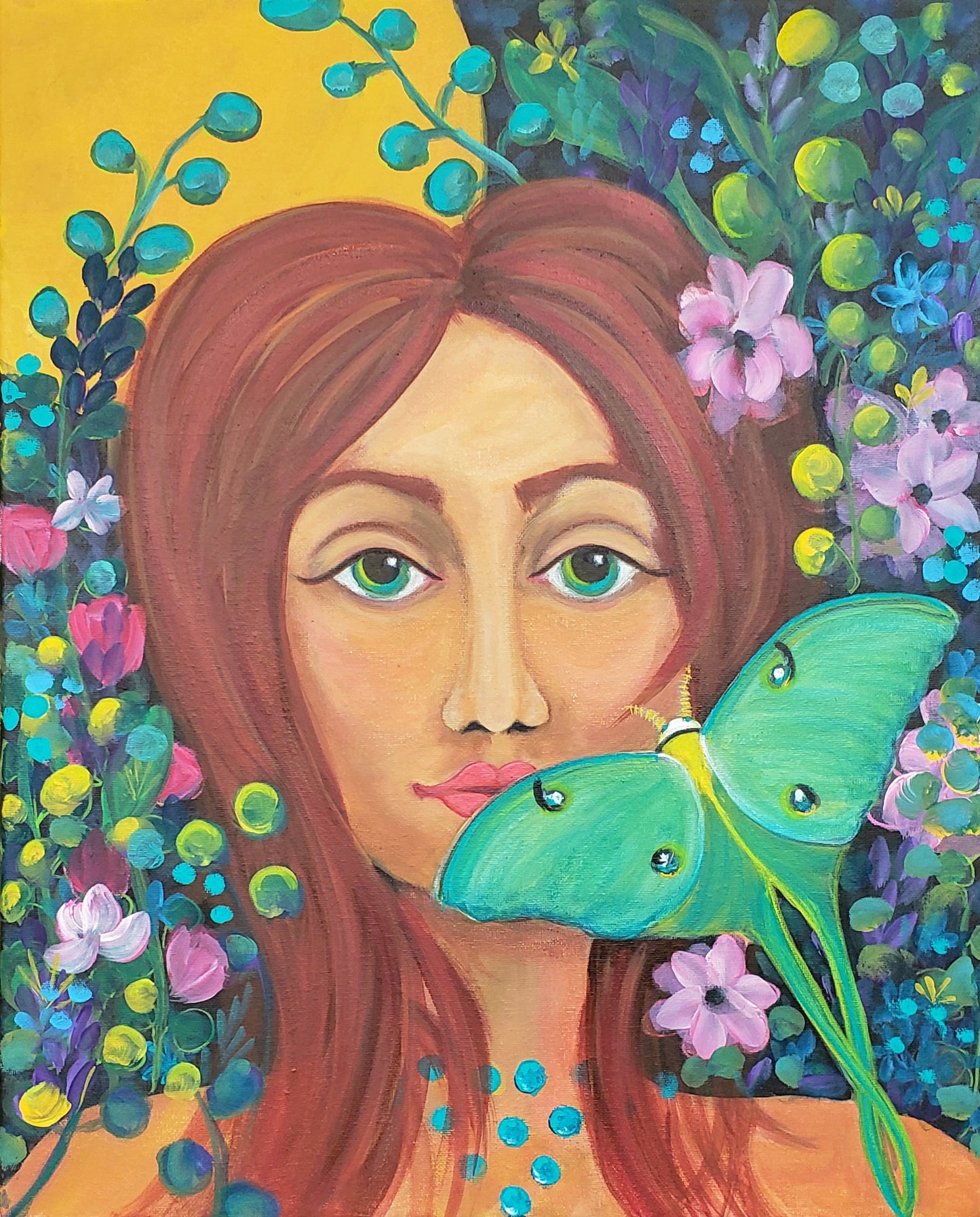 Artistic depiction of a woman with a butterfly on her shoulder surrounded by flowers and foliage.
