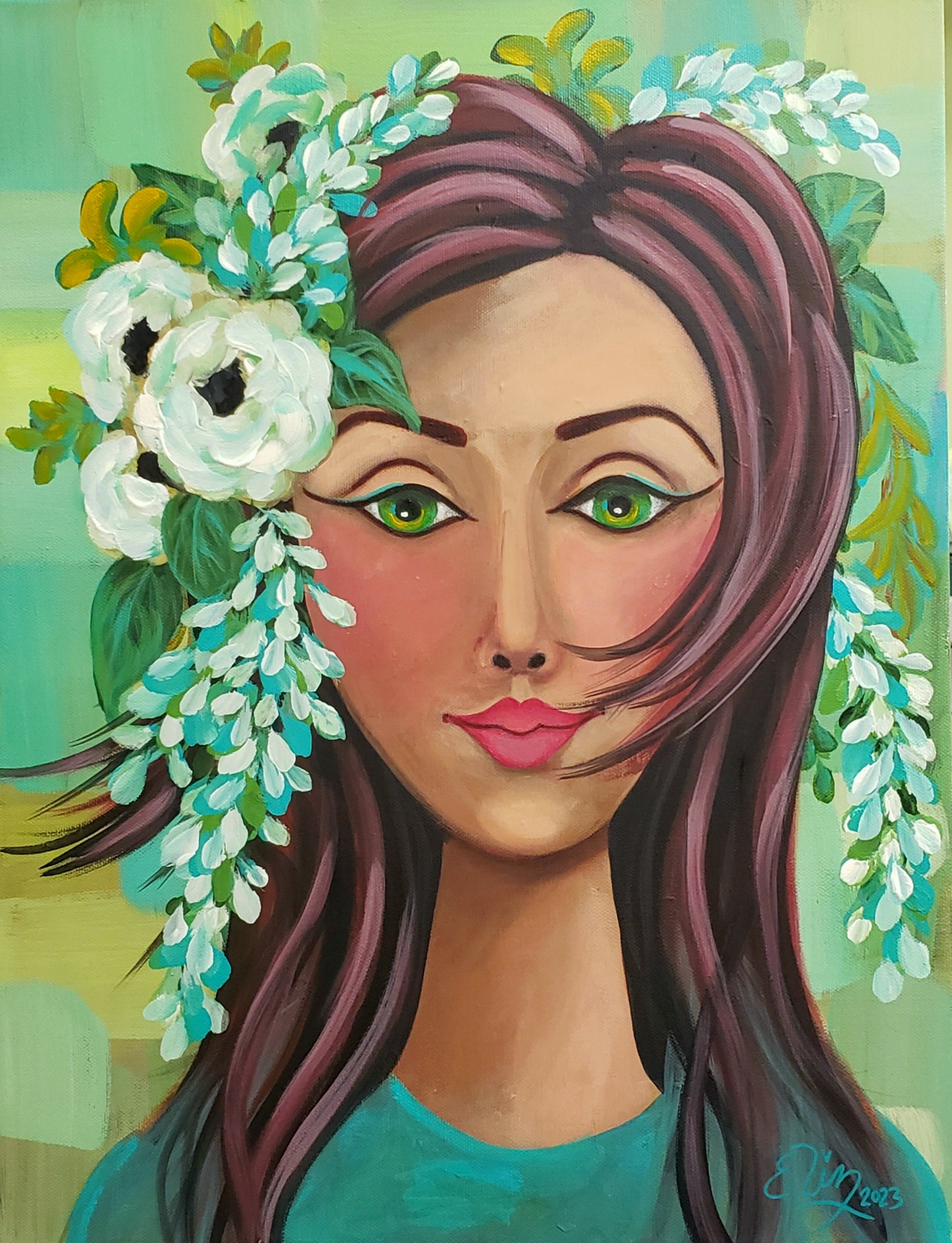 Artistic depiction of a woman with flowers in her hair against a light green background