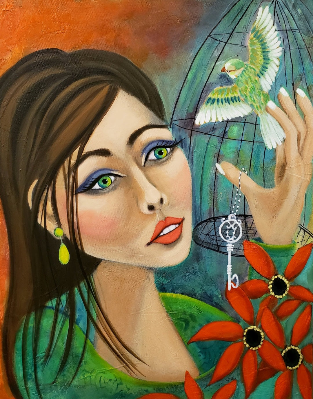 Artistic depiction of a woman holding a key to a bird cage to set a bird free bold colors
